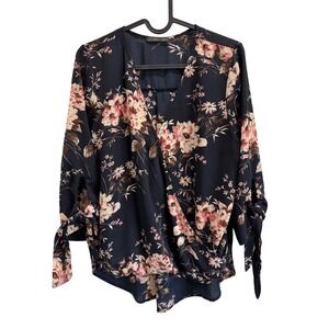 West Kel Floral Wrap Blouse Long‎ Sleeve Tie Navy Pink Womens